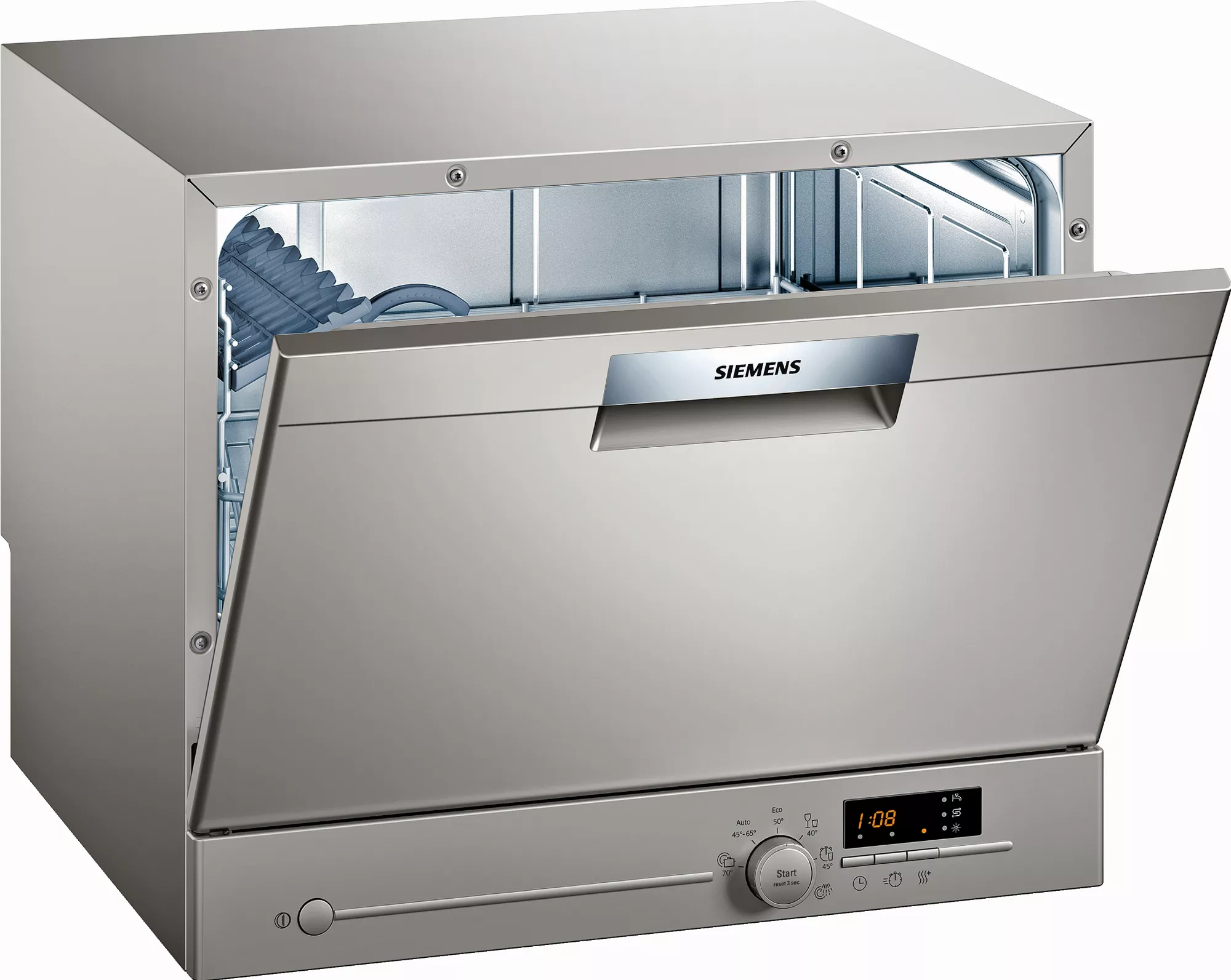 Siemens iQ300, Freistehender Kompakt-Geschirrspüler, 55 cm, Silver Inox, SK26E822EU
